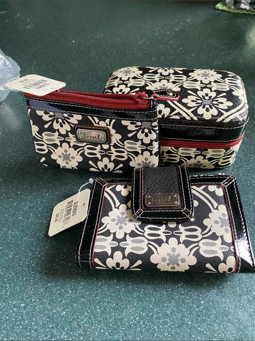 Fossil Black and Cream Floral Wallet & Pouch Set with Red Accents